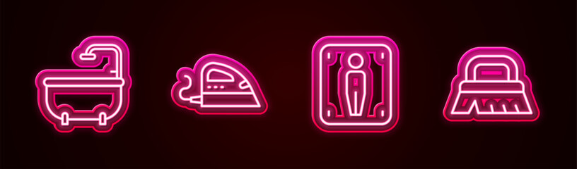 Wall Mural - Set line Bathtub, Electric iron, Male toilet and Brush for cleaning. Glowing neon icon. Vector