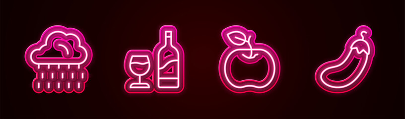 Poster - Set line Cloud with rain, Wine bottle glass, Apple and Eggplant. Glowing neon icon. Vector