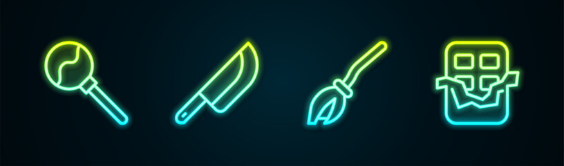 Poster - Set line Lollipop, Knife, Witches broom and Chocolate bar. Glowing neon icon. Vector