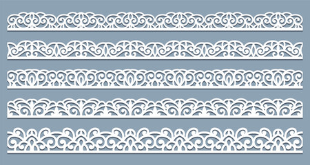 Sticker - Lace pattern elements. Vintage seamless figured lace borders, beautiful wedding lace decoration. Black lace borders vector illustration set. Seamless black gorgeous stripe, delicate simple pattern