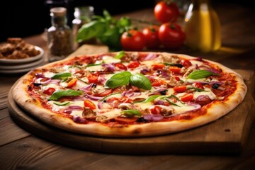 Sticker - freshly baked italian pizza on a wooden table