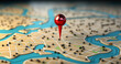 3D Map travel location. Locator mark of map and location pin or navigation icon sign on background with search. 3D rendering 