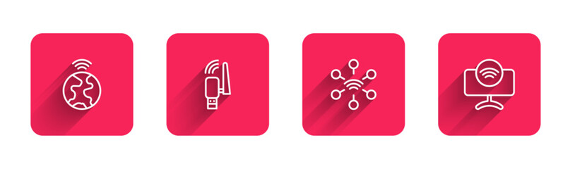Poster - Set line Global technology, Usb wireless adapter, Network and Smart Tv system with long shadow. Red square button. Vector