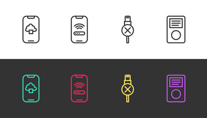Poster - Set line Cloud technology data, Mobile with wi-fi wireless, No usb cable cord and Music player on black and white. Vector