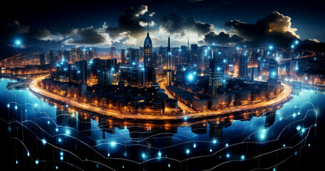 Wall Mural - view of the city.5G wireless network, high speed internet, cloud computing or connect diagram technology, Data storage, service, synchronize, online, financial, Connectivity global, smart city