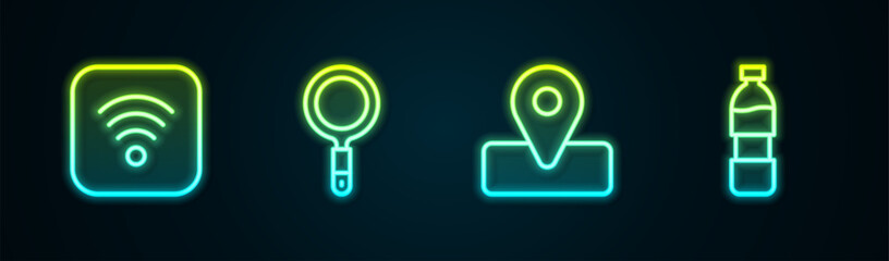 Sticker - Set line Wi-Fi wireless internet, Magnifying glass, Location for camping and Bottle of water. Glowing neon icon. Vector