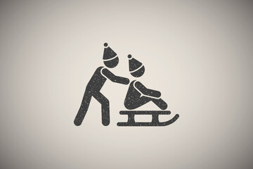 Poster - children play sledding icon vector illustration in stamp style