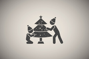 Poster - Family decorates a Christmas tree icon vector illustration in stamp style