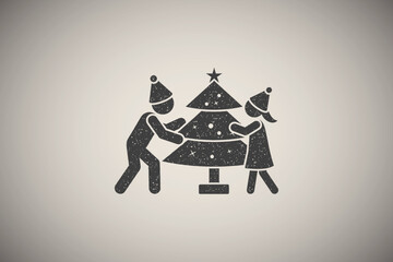 Poster - Children decorate a Christmas tree icon vector illustration in stamp style