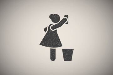 Sticker - Cleaning, woman icon vector illustration in stamp style