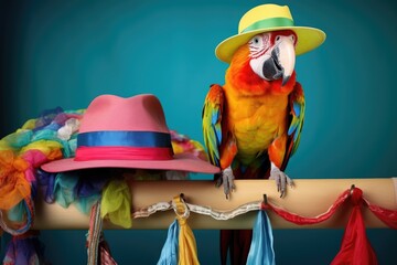 Wall Mural - a vibrant parrot perched on a colorful beach hat on a clothes rack