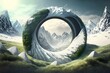 mountains in the shape of a torus on one side covered with snow and on the other side with grass realistic detail surrealism style 