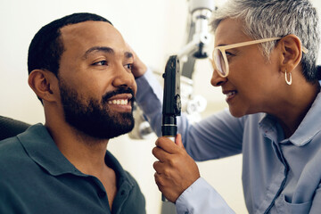 Poster - Patient, eye care and medical ophthalmoscope in clinic to check retina, ocular services and healthcare consultation. Optometrist, glaucoma analysis and testing eyesight of happy man with vision tools