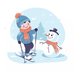  Happy kid enjoy winter activity skiing with snow man and snow background.cartoon illustration.winter sport for kid.