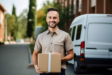 smiling delivery man with parcel