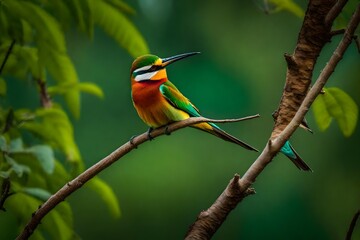 Wall Mural - bee eater perched on branch,A graceful bird, a bee-eater, perched on a branch in the heart of a lush, verdant forest