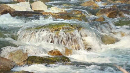 Wall Mural - River flowing over rocks cascade in afternoon, closeup detail