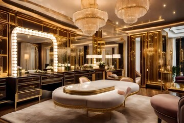 Wall Mural - interior of a hotel room,A luxurious dressing table in an opulent makeup room, adorned with a gleaming mirror surrounded by Hollywood-style bulbs