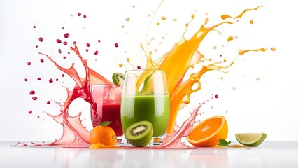 Fruit salad falls into splashing orange juice Isolated white background