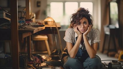 Desperate young woman has some problems making DIY repairs at home