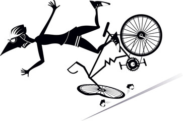 Cyclist falling down from the bicycle. 
Young man falling down from the bicycle. Black and white illustration
