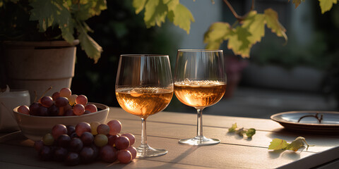 Wall Mural - Cognac in the glasses and grapes on the table outdoors on background of winery yard