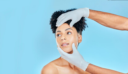 Sticker - Skincare, plastic surgery and woman with hands on face in studio at cosmetic consultation. Model with spa, facial and filler for beauty, dermatology or collagen therapy on blue background mockup.