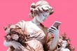 Ancient Greek white statue suing smartphone