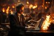 Navigate the intensity of a stressful work environment in this creative photo of a businessman working o a laptop amid swirling flames. Ai generated
