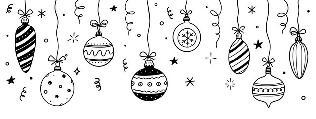 Poster - Doodle christmas ball element background. Hand drawn sketch line style xmas ball. Cute merry christmas bauble for border, background design with text place. Isolated vector illustration.