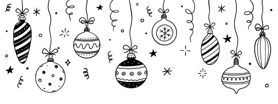 Doodle christmas ball element background. Hand drawn sketch line style xmas ball. Cute merry christmas bauble for border, background design with text place. Isolated vector illustration.