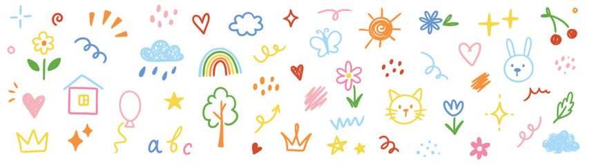 Aufkleber - Cute kid scribble line flower, heart. rainbow background. Hand drawn doodle sketch childish element set. Flower, heart, cloud children draw style design elements background. Vector illustration