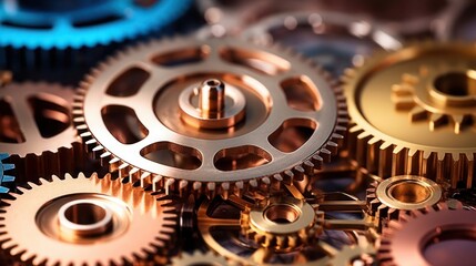 Wall Mural - Metal gear sprockets in well used machine, closeup still life with beautiful textures and shape. Detail gear wheel