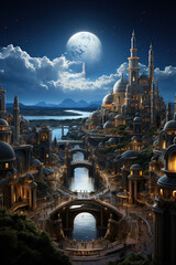 Wall Mural - The Moonlit City: A Fantasy Digital Artwork,city at night,night view country