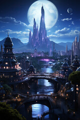 Wall Mural - The Moonlit City: A Fantasy Digital Artwork,city at night,night view country