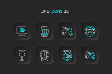 Sticker - Set line Beer can, Street signboard with beer, Wooden barrel on rack, Glass of, Sausage, and mug icon. Vector