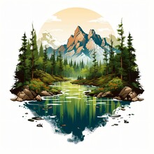 Forest Landscape Adventure Graphic Artwork. Mountain With Pine Forest And River Print Design