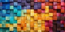 Abstract Geometric Rainbow Colors Colored 3d Wooden Square Cubes Texture Wall Background Banner Illustration Panorama Long, Textured Wood Wallpaper
