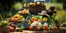 Hat Standing Near Cart With Fresh Organic Harvested Vegetables And Loading On Truck Against Blurred Agriculture Fields