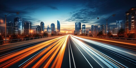 Wall Mural - Road in city with skyscrapers and car traffic light trails. infrastructure and transportation background