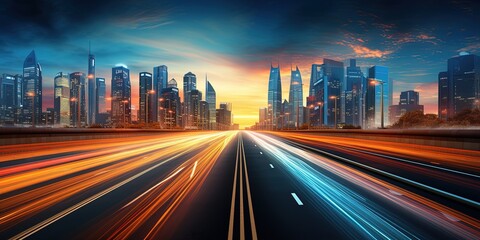 Wall Mural - Road in city with skyscrapers and car traffic light trails. banner of infrastructure and transportation