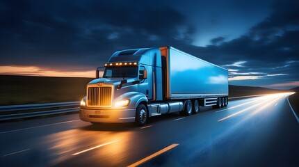 Wall Mural - Semi truck driving on a road. Semi truck shipping commercial cargo in refrigerated semi trailer. Truck is driving fast with a blurry environment. Concept of cargo transportation and delivery of goods.