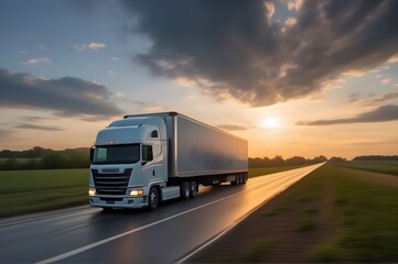 Wall Mural - Semi truck driving on a road. Semi truck shipping commercial cargo in refrigerated semi trailer. Truck is driving fast with a blurry environment. Concept of cargo transportation and delivery of goods.