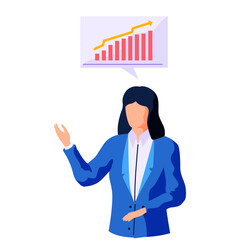 Fototapete - Businesswoman analyzing data on growing graph and holding up her hand. Data science concept. Business charts and diagrams. Business performance analysis, benchmark metrics audit, financial statistics