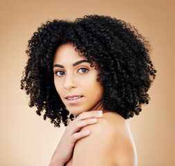 Poster - Woman, face and beauty, hair and natural curls, salon treatment and shine, healthy skin glow on studio background. Skincare, dermatology and clean makeup, haircare and texture with afro in portrait