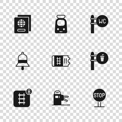 Wall Mural - Set Turnstile, Cafe and restaurant location, Stop sign, Train ticket, Toilet, Passport, railway and station bell icon. Vector