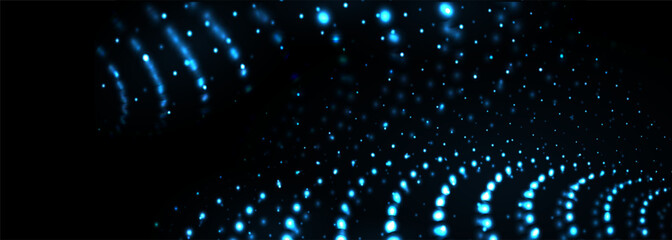 Poster - Blue particle dots on dark vector wide abstract technology banner background. Vector illustration