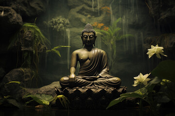 Buddha statue in forest environment in lotus pose