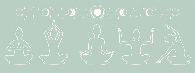 set of female silhouettes meditating in lotus position. phases of moon, magical astrological symbols