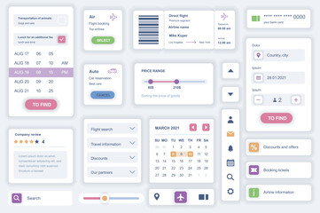 Fototapete - User interface elements set for booking mobile app. Kit template with HUD diagrams, airline ticket, boarding pass form, calendar, travel information. Pack of UI, UX, GUI screens. Vector components.